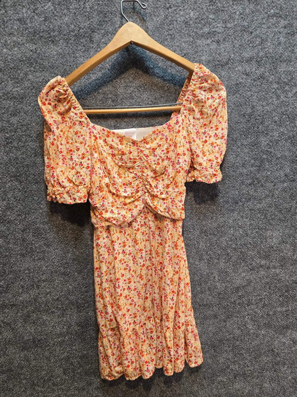 No Boundaries Floral Puff Sleeve Mini Dress Square Neck Ruffle Hem Size 1